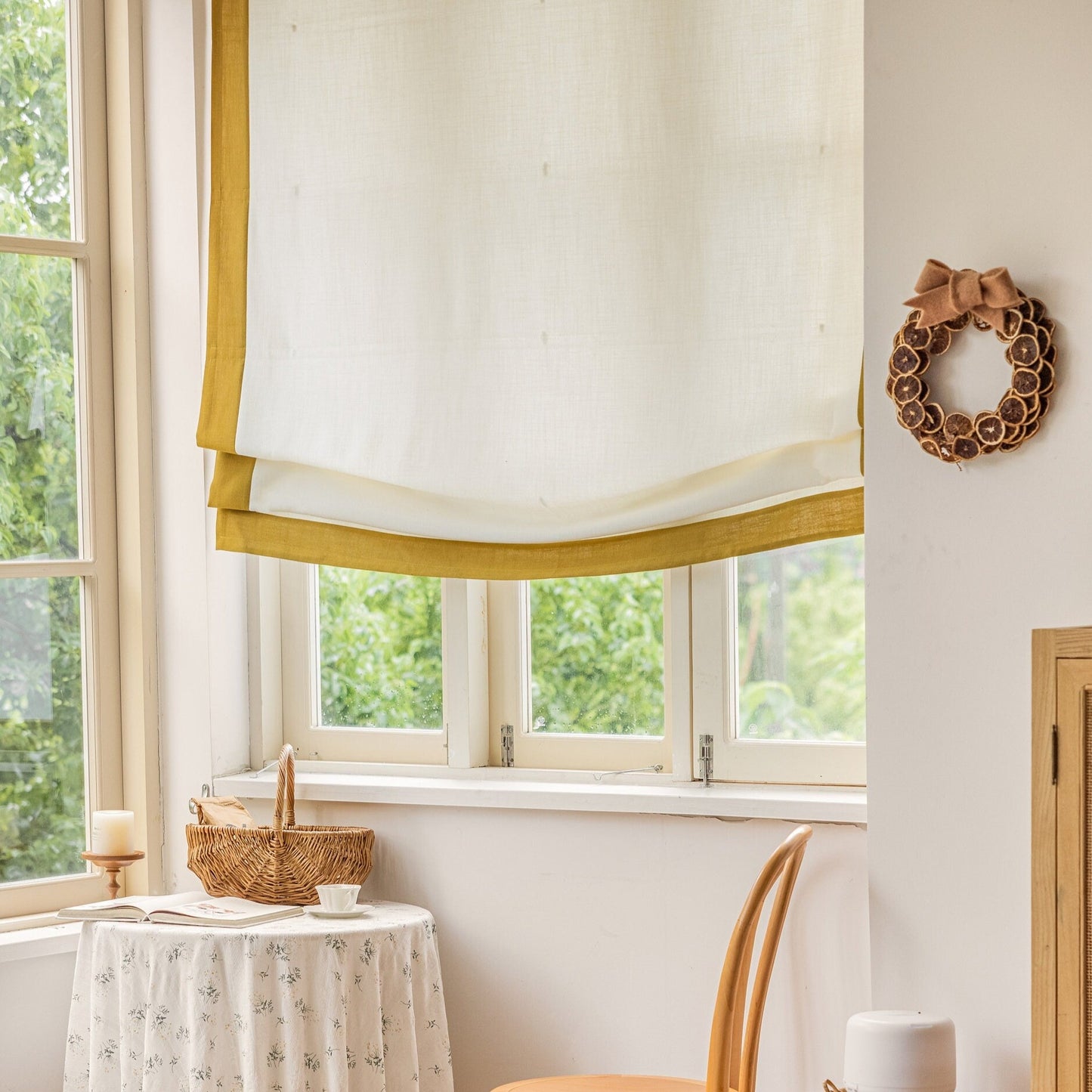 Relaxed Roman Shades, Colored Trim Custom Fabric Blinds, Kitchen Window Treatment