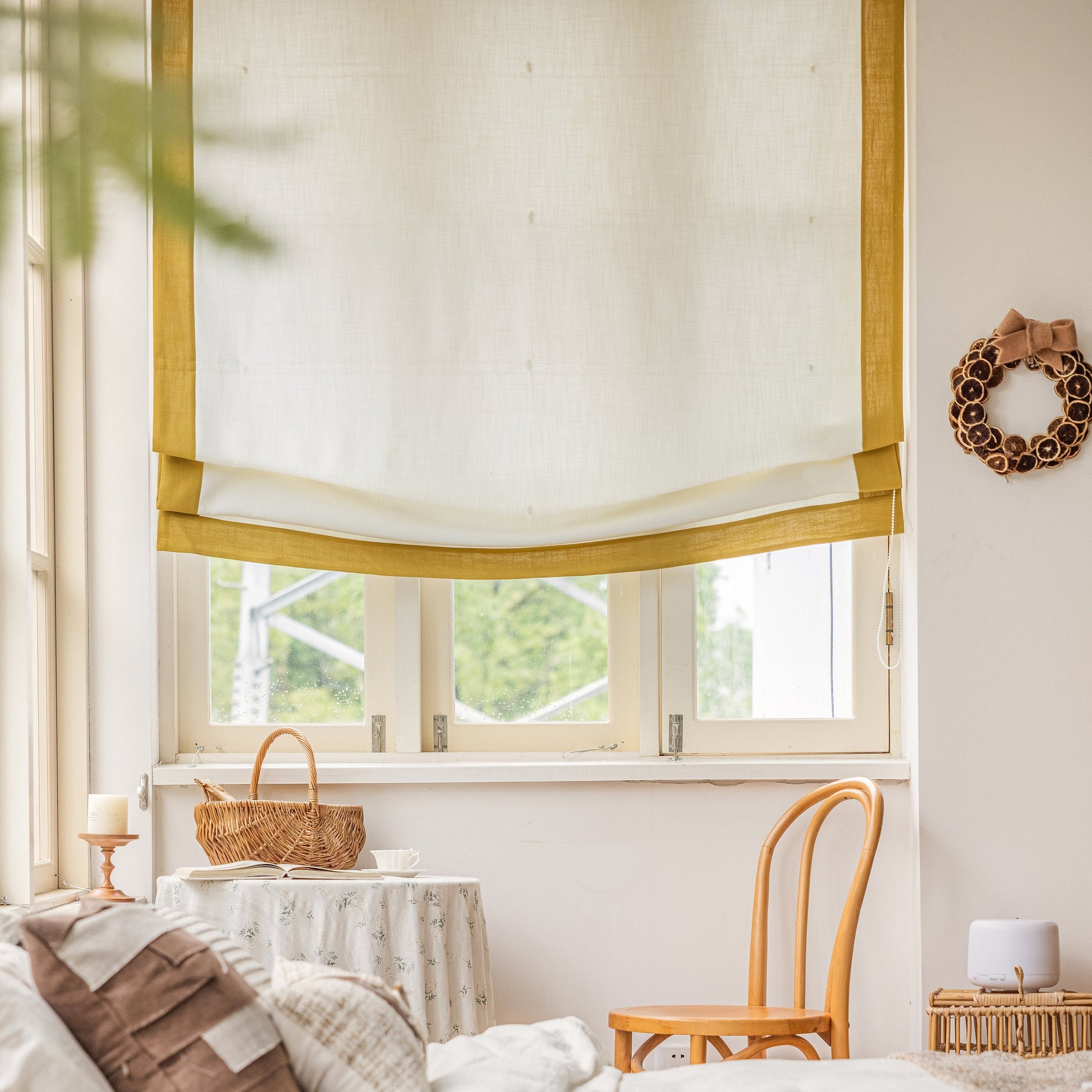 relaxed fabric blinds, gold trim home decor