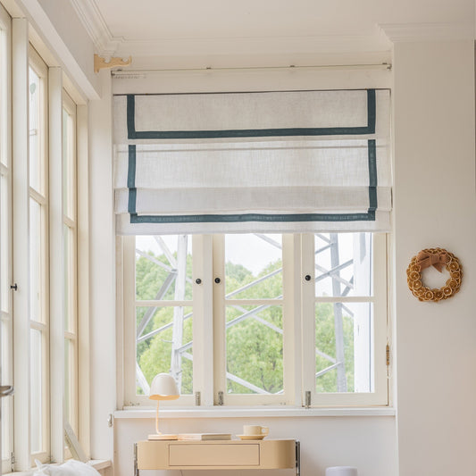 fabric valance, white with teal trim